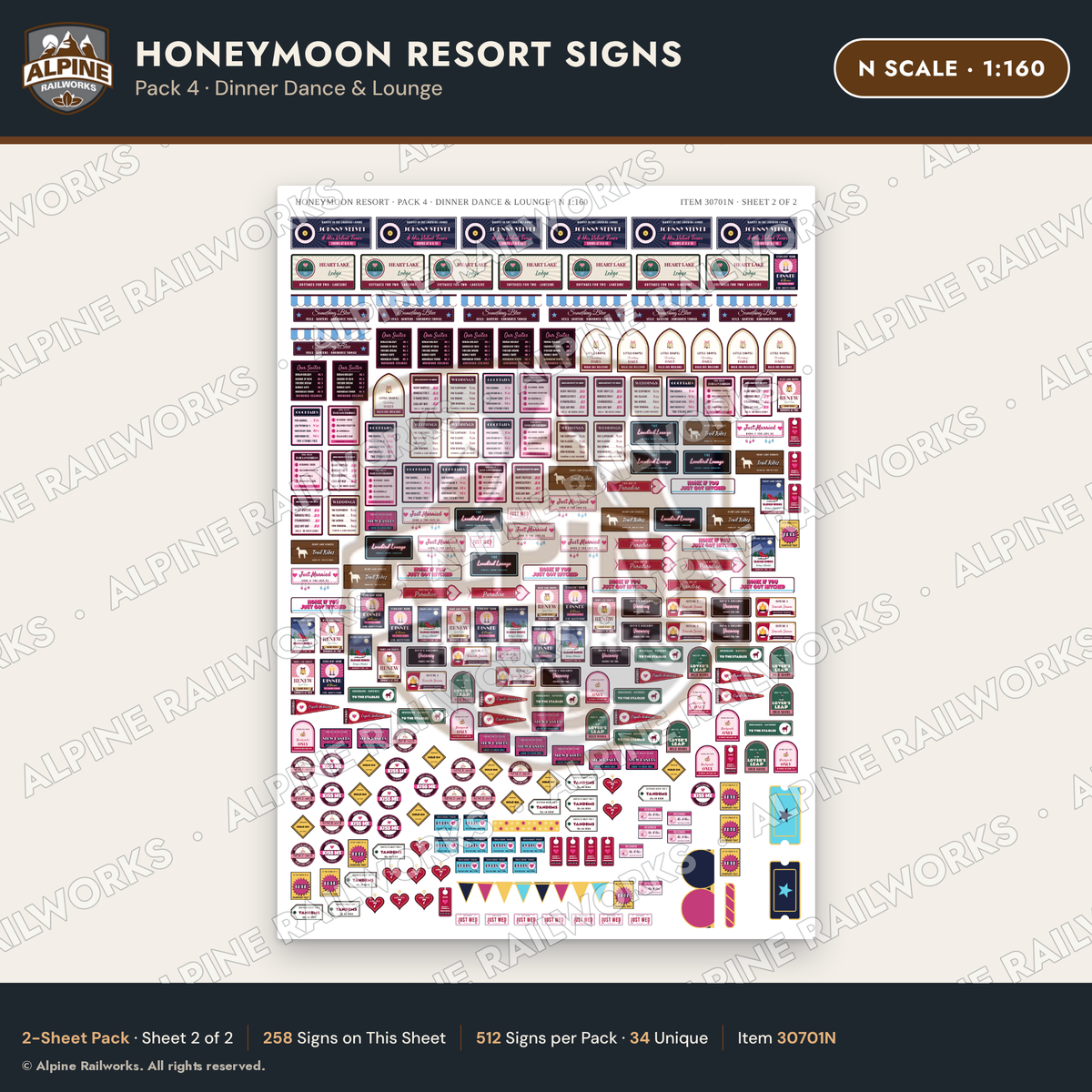 Alpine Railworks 30701N N Scale Honeymoon Resort Signs - Dinner Dance