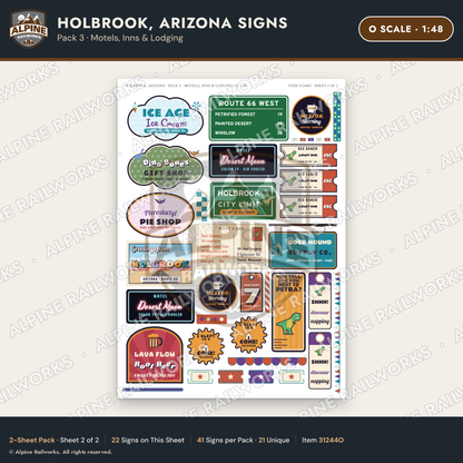 Alpine Railworks 31244O O Scale Holbrook AZ Signs - Motels & Inns