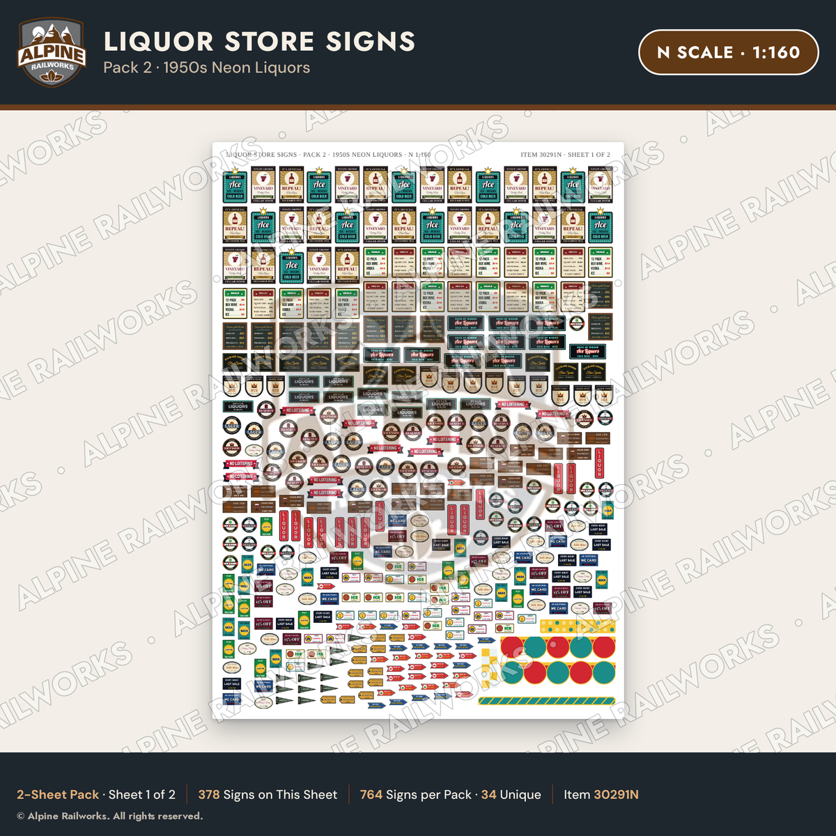 Alpine Railworks 30291N N Scale Liquor Store Signs - Neon Liquors