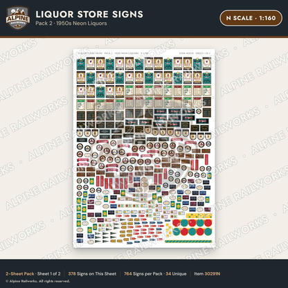 Alpine Railworks 30291N N Scale Liquor Store Signs - Neon Liquors