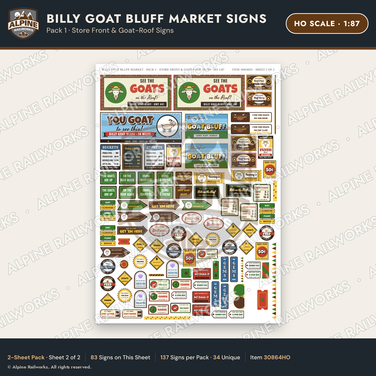 Alpine Railworks 30864HO HO Scale Roadside Signs - Goats on the Roof