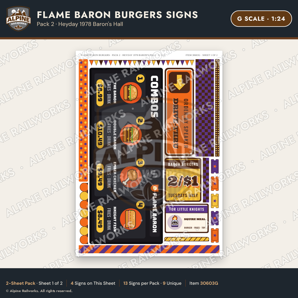Alpine Railworks 30603G G Scale Fast Food Signs - Burgers