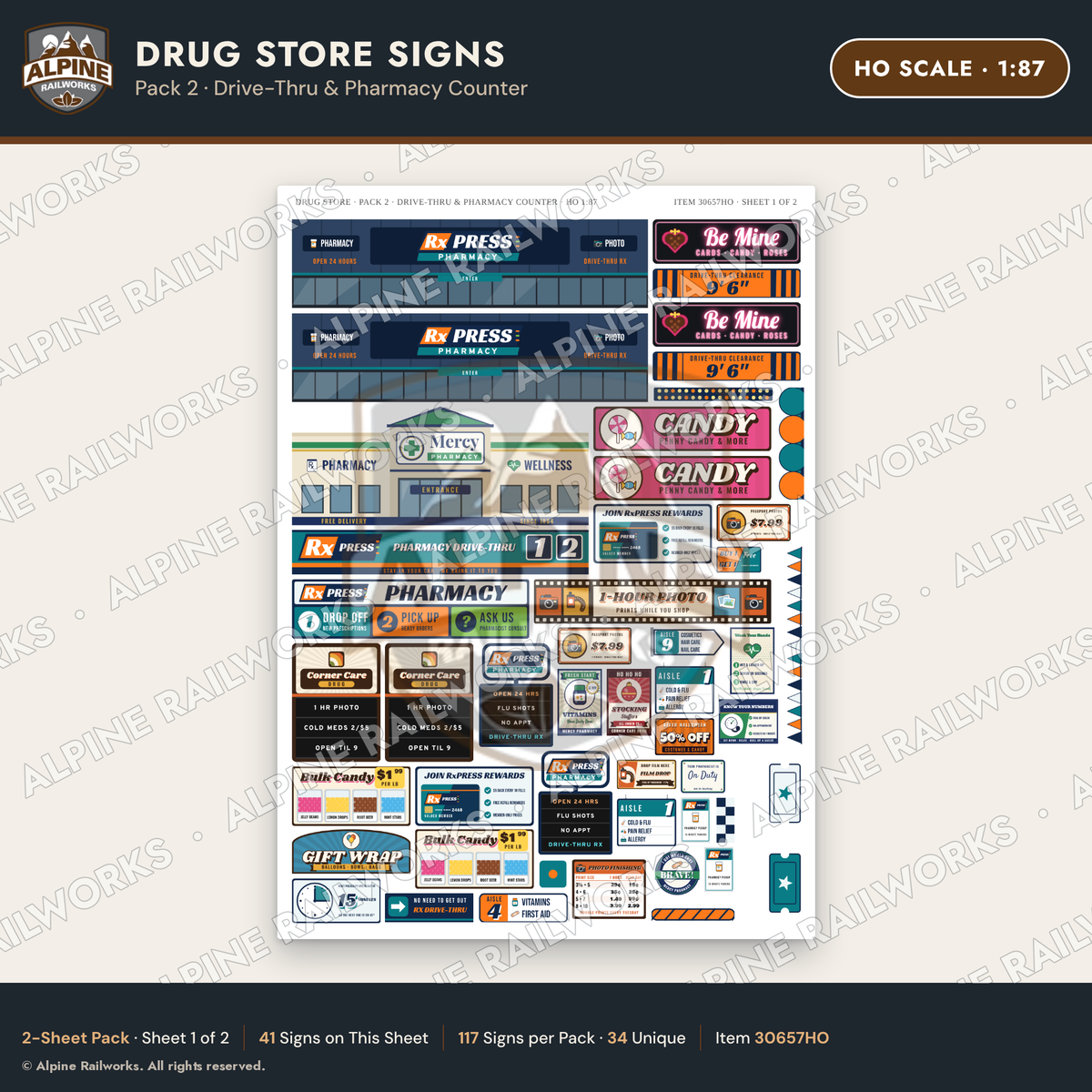 Alpine Railworks 30657HO HO Scale Drug Store Signs - Drive-Thru