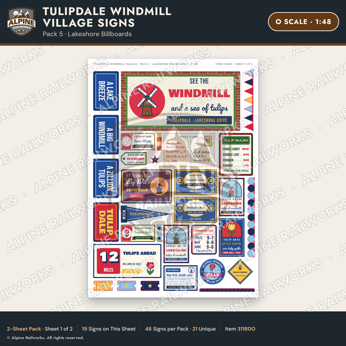 Alpine Railworks 31180O O Scale Roadside Signs - Windmill Village