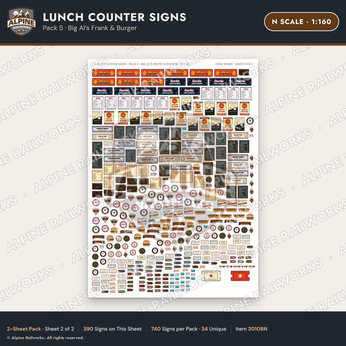 Alpine Railworks 30108N N Scale Lunch Counter Signs - Big Al's Frank