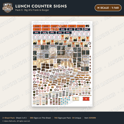 Alpine Railworks 30108N N Scale Lunch Counter Signs - Big Al's Frank
