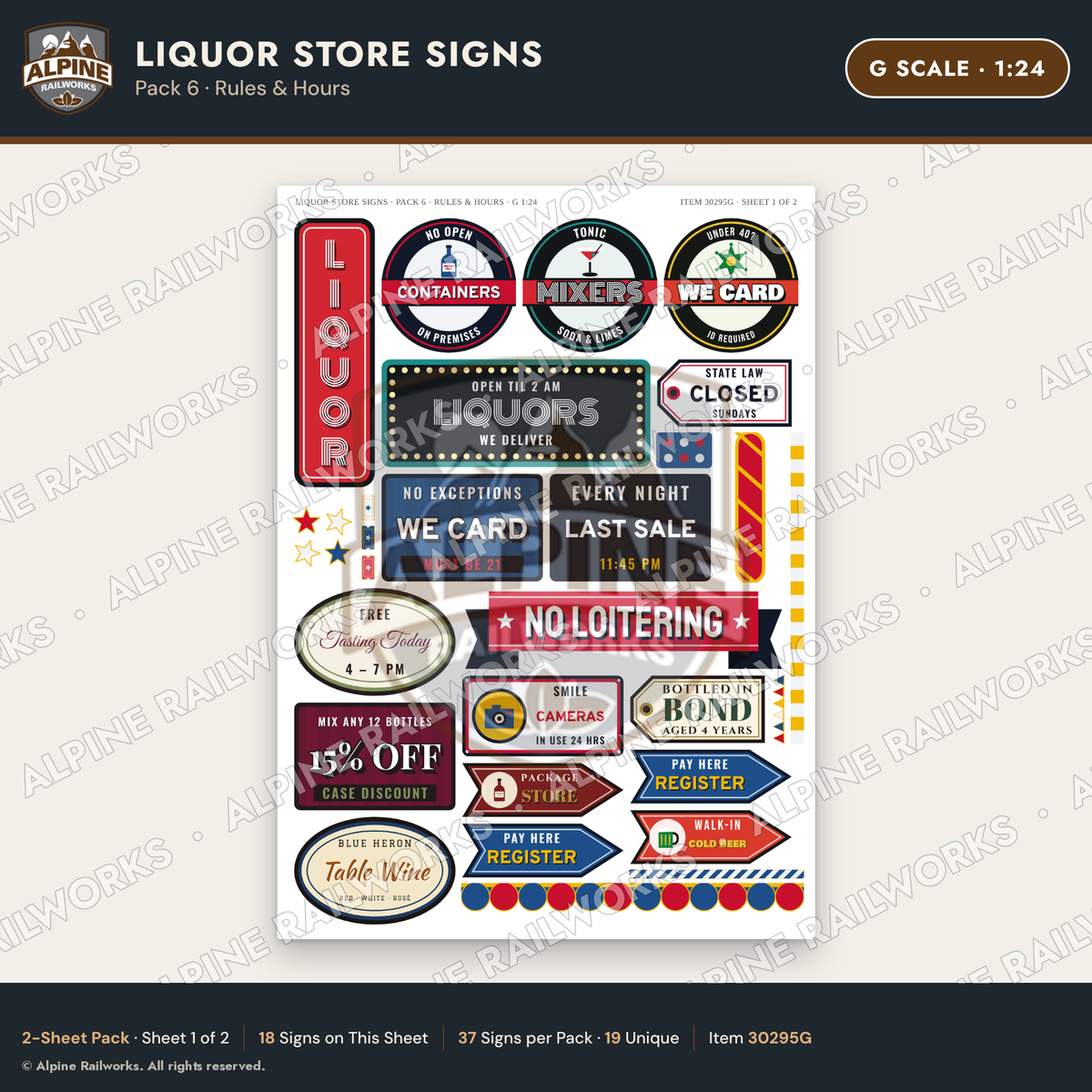 Alpine Railworks 30295G G Scale Liquor Store Signs - Rules & Hours