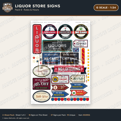 Alpine Railworks 30295G G Scale Liquor Store Signs - Rules & Hours