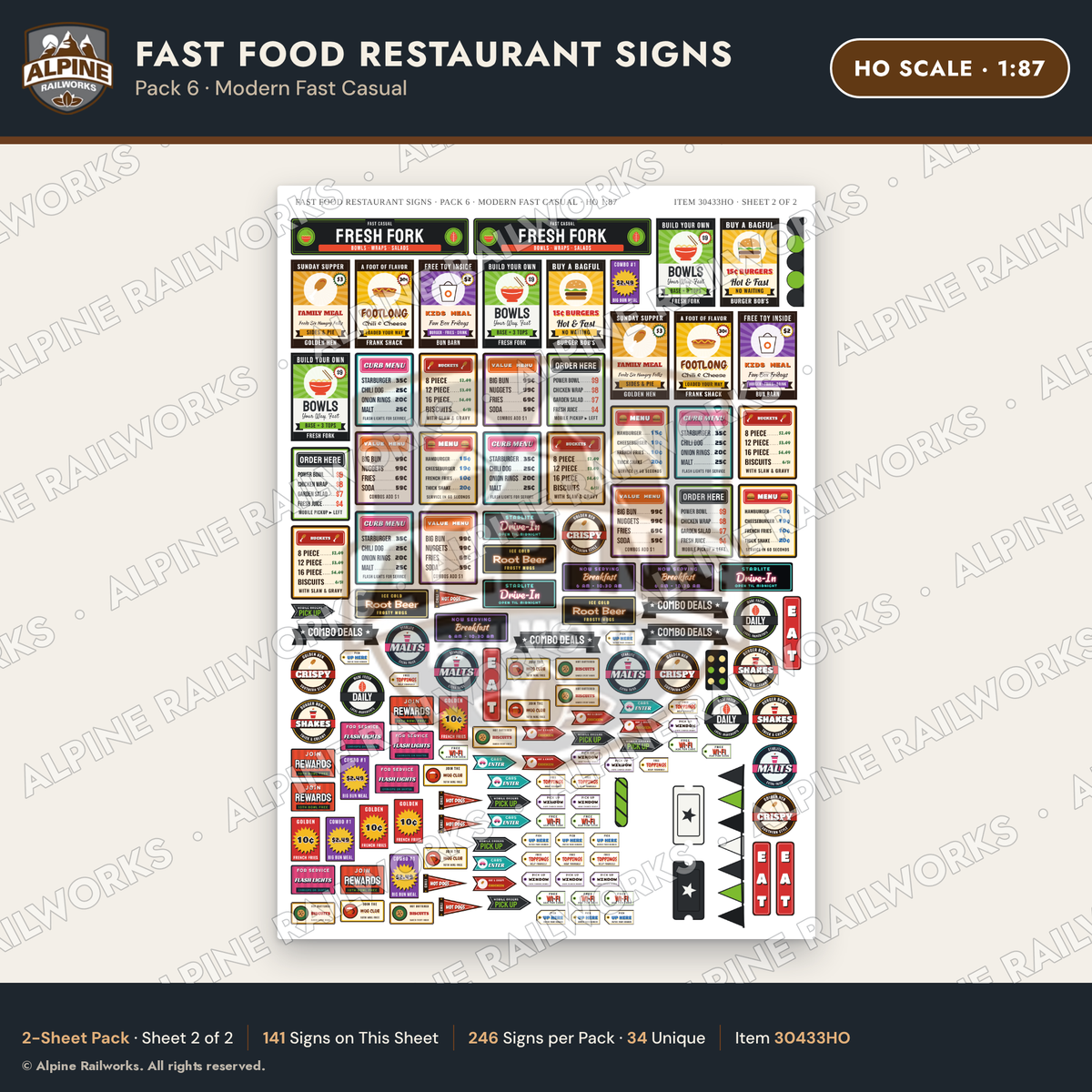 Alpine Railworks 30433HO HO Scale Fast Food Restaurant Signs