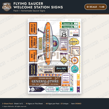 Alpine Railworks 31086O O Scale Roadside Signs - UFO Welcome Center