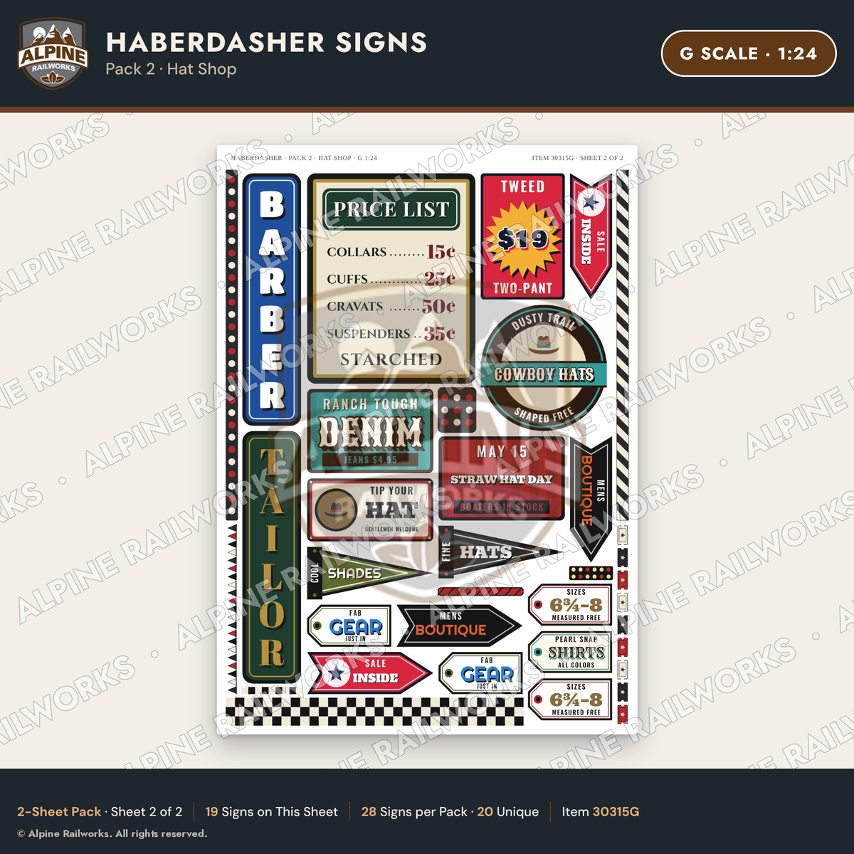 Alpine Railworks 30315G G Scale Haberdasher Signs - Hat Shop