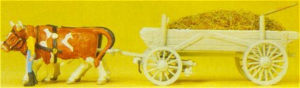Preiser 30474 HO Scale Horse-Drawn Wagon -- Manure Wagon w/Driver, Load & Ox