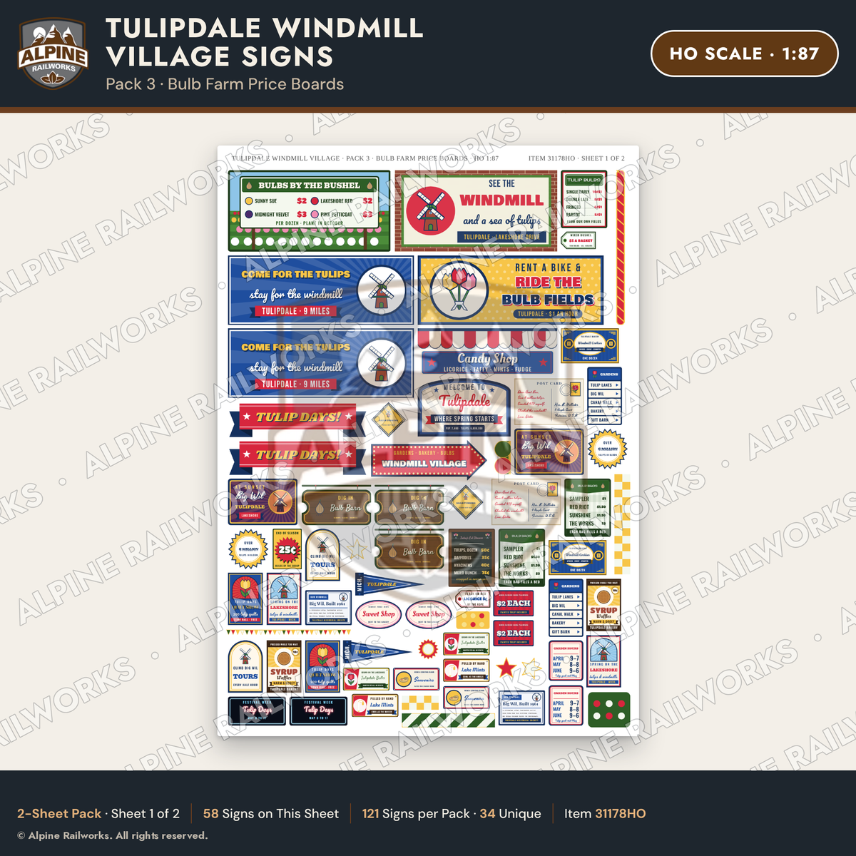 Alpine Railworks 31178HO HO Scale Roadside Signs - Windmill Village