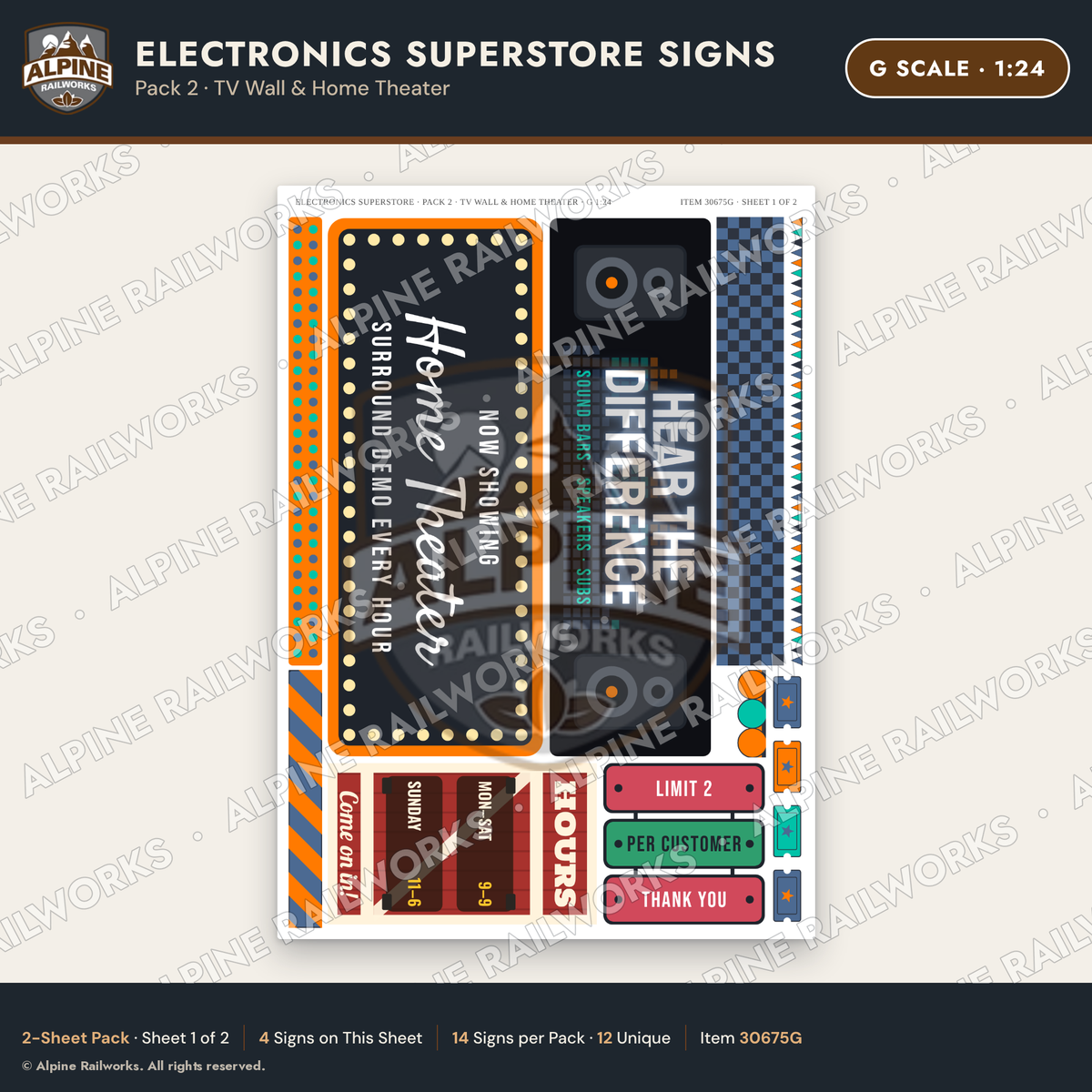Alpine Railworks 30675G G Scale Electronics Superstore Signs - TV Wall