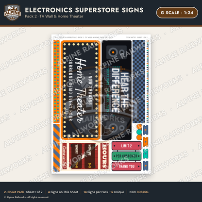 Alpine Railworks 30675G G Scale Electronics Superstore Signs - TV Wall