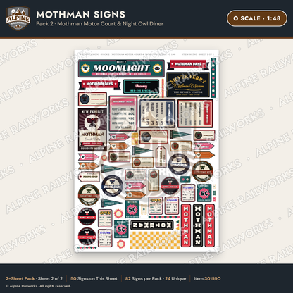 Alpine Railworks 30159O O Scale Mothman Signs - Mothman Motor Court