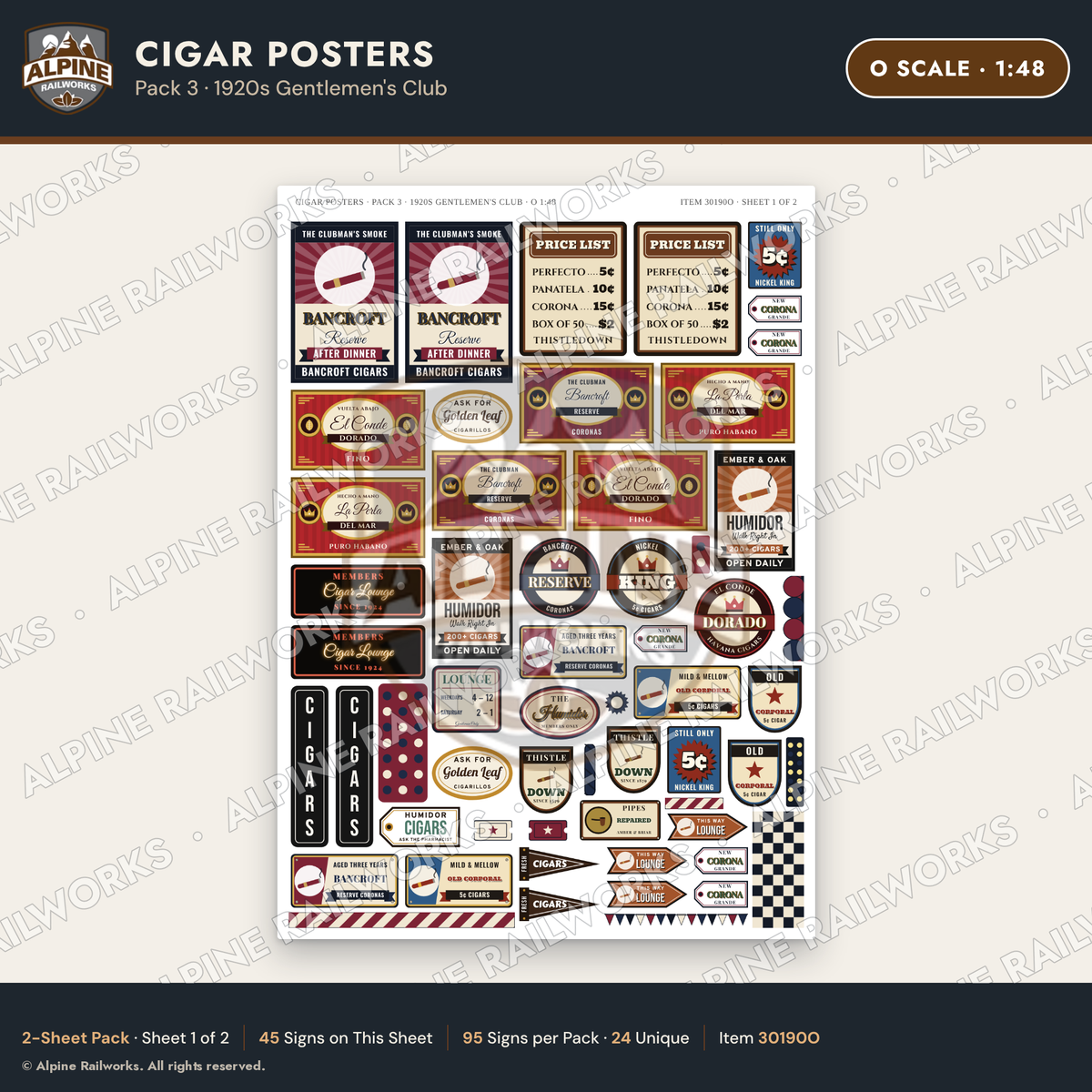 Alpine Railworks 30190O O Scale Cigar Posters - 1920s Gentlemen's Club