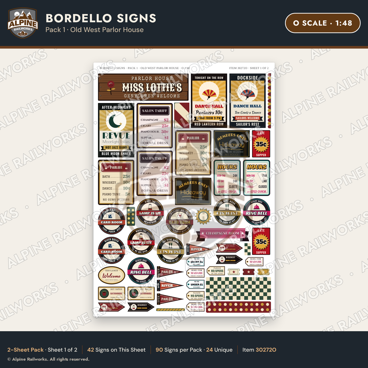 Alpine Railworks 30272O O Scale Bordello Signs - Old West Parlor House