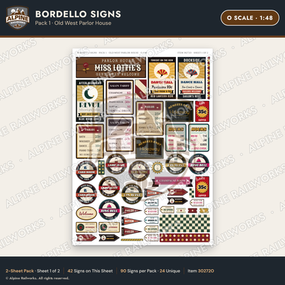 Alpine Railworks 30272O O Scale Bordello Signs - Old West Parlor House