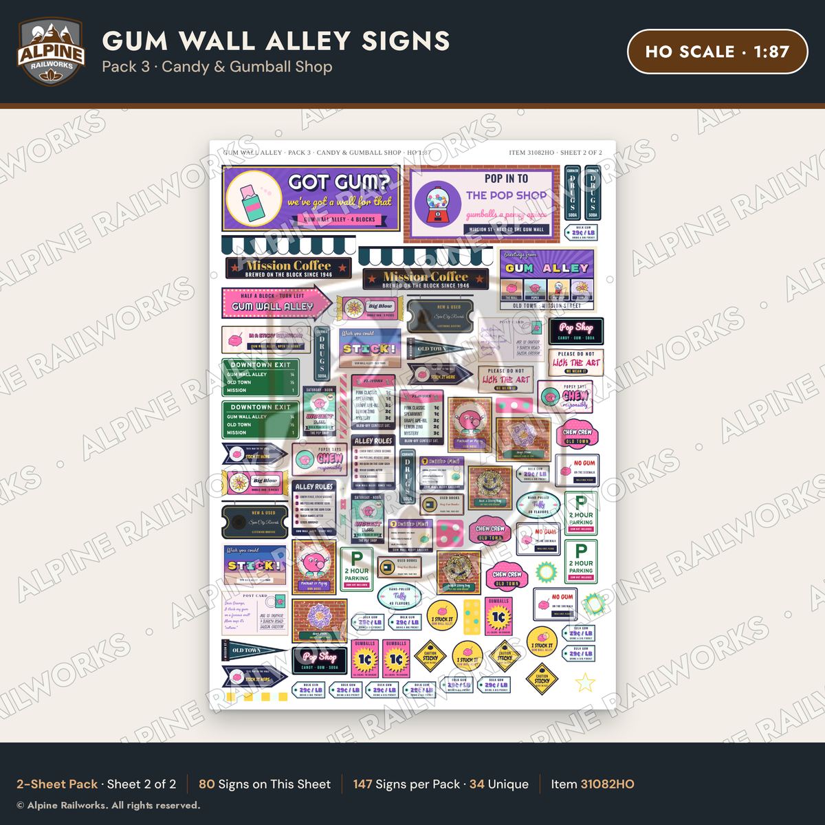Alpine Railworks 31082HO HO Scale Roadside Signs - Bubblegum Alley