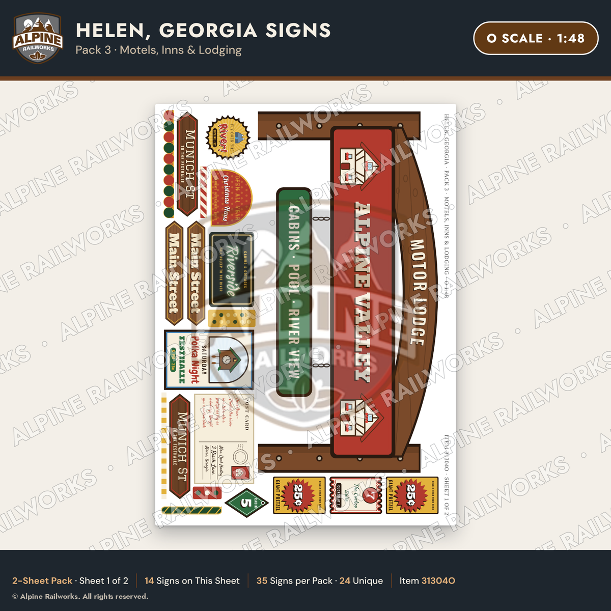 Alpine Railworks 31304O O Scale Helen GA Signs - Motels & Inns