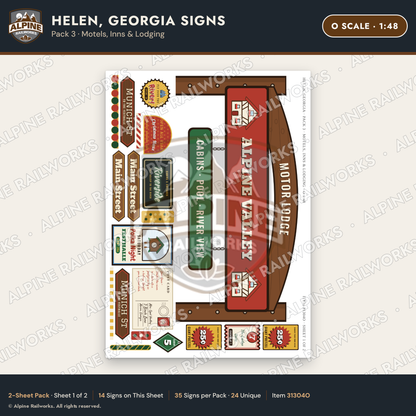 Alpine Railworks 31304O O Scale Helen GA Signs - Motels & Inns
