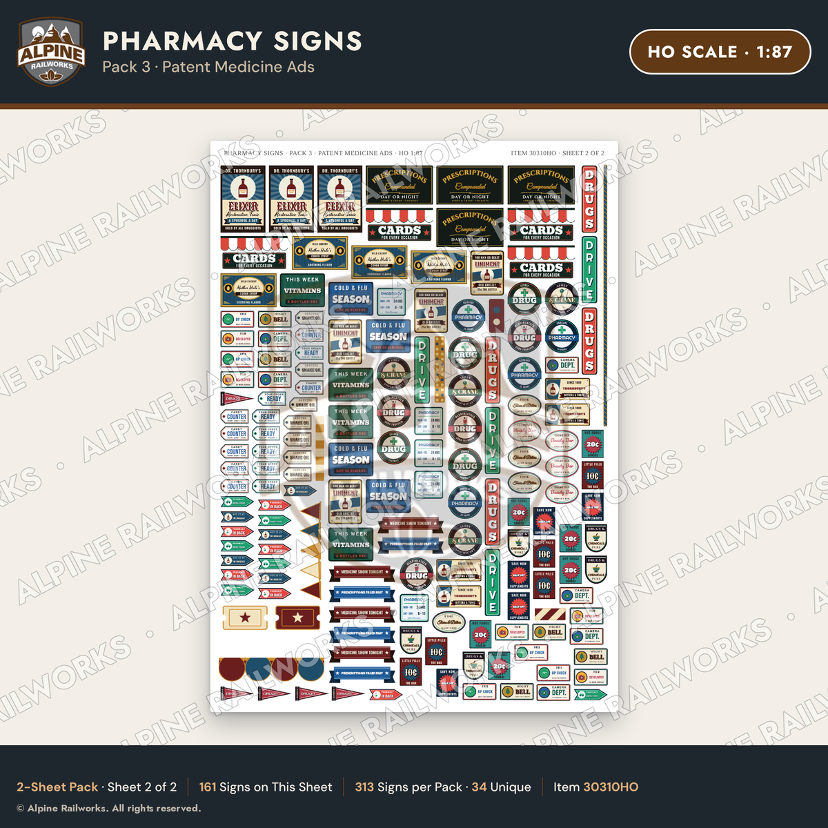 Alpine Railworks 30310HO HO Scale Pharmacy Signs - Patent Medicine Ads