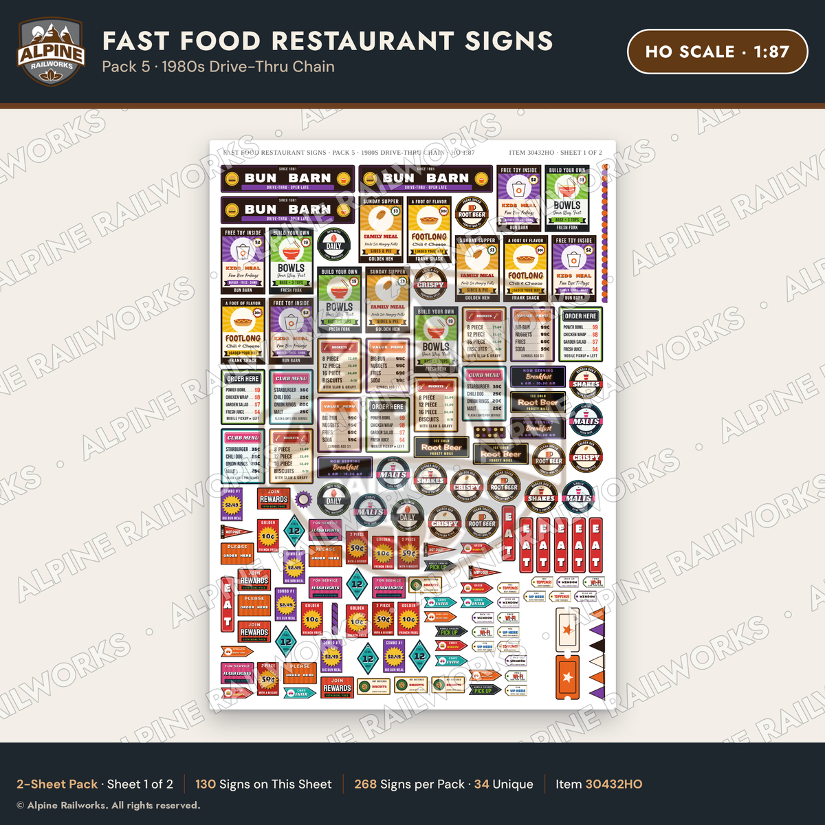 Alpine Railworks 30432HO HO Scale Fast Food Restaurant Signs