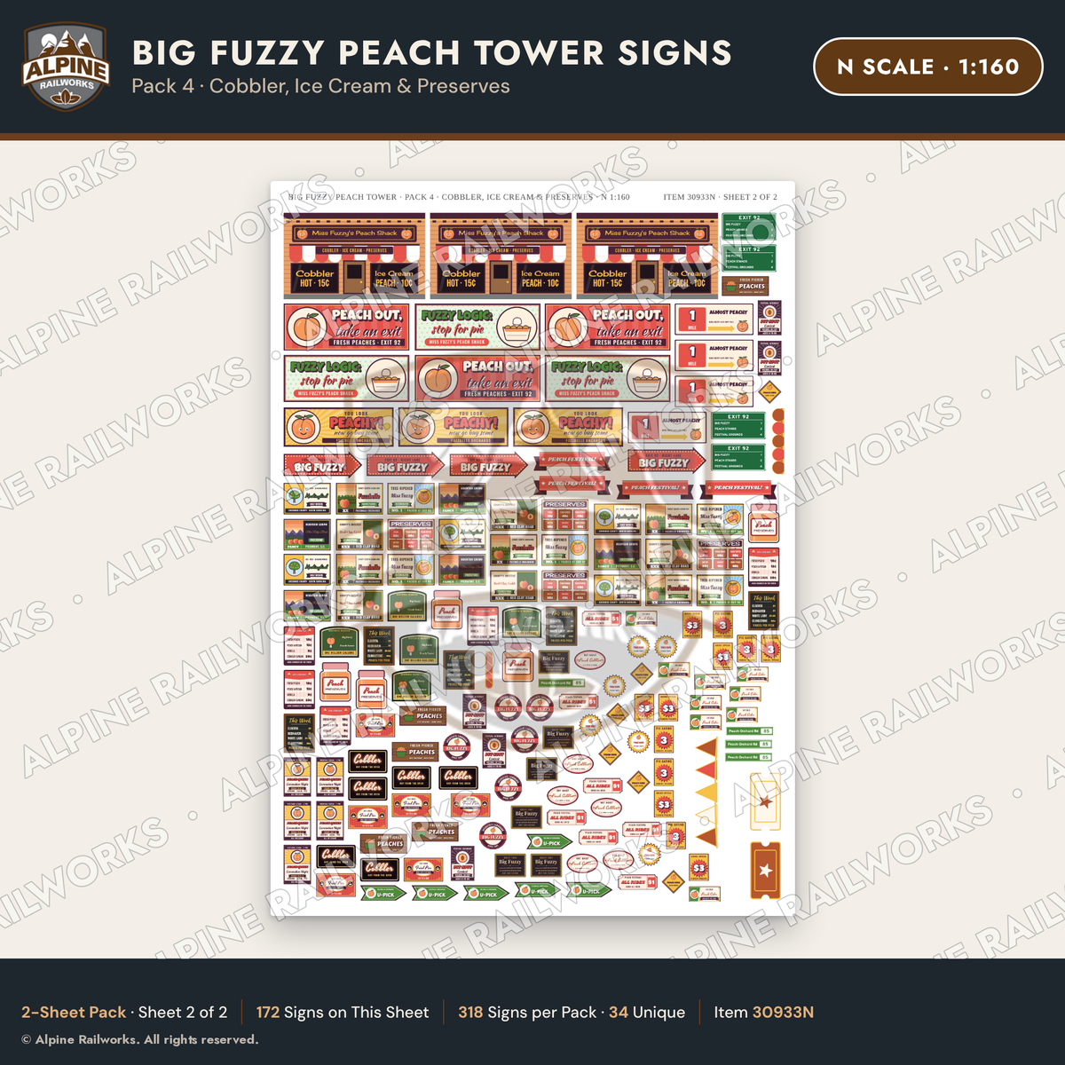 Alpine Railworks 30933N N Scale Roadside Signs - Peach Water Tower