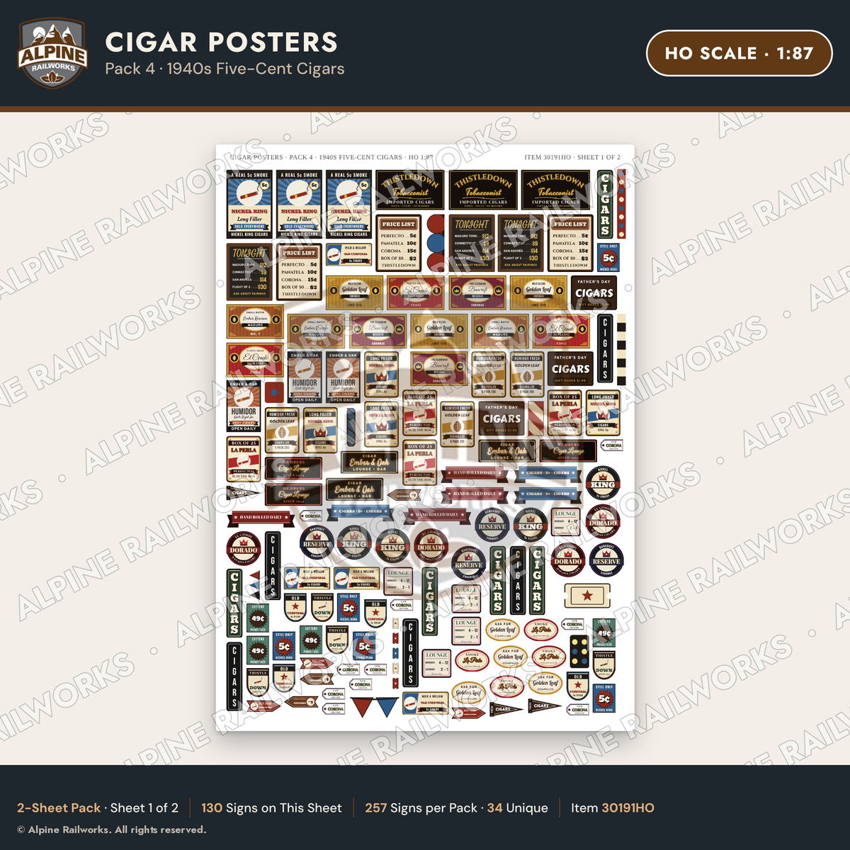 Alpine Railworks 30191HO HO Scale Cigar Posters - Five-Cent Cigars