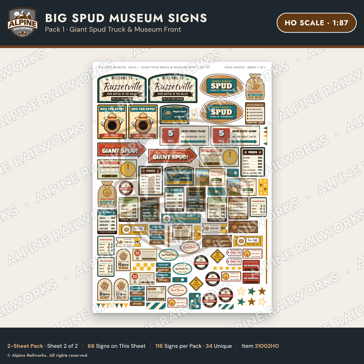Alpine Railworks 31002HO HO Scale Roadside Signs - Potato Museum