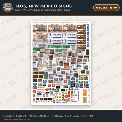 Alpine Railworks 31410N N Scale Taos NM Signs - Welcome & Street Signs