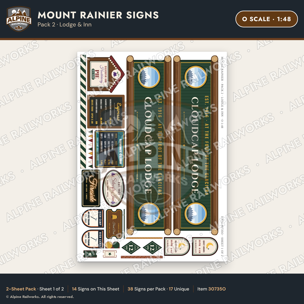 Alpine Railworks 30735O O Scale Tourist Signs - Mount Rainier - Lodge