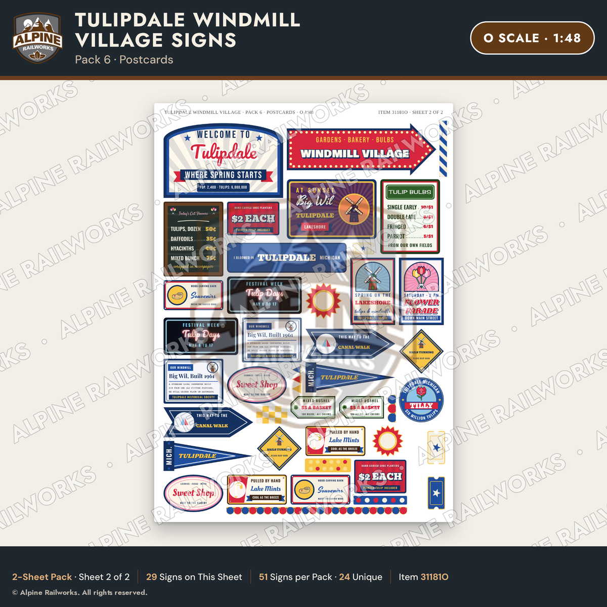 Alpine Railworks 31181O O Scale Roadside Signs - Windmill Village