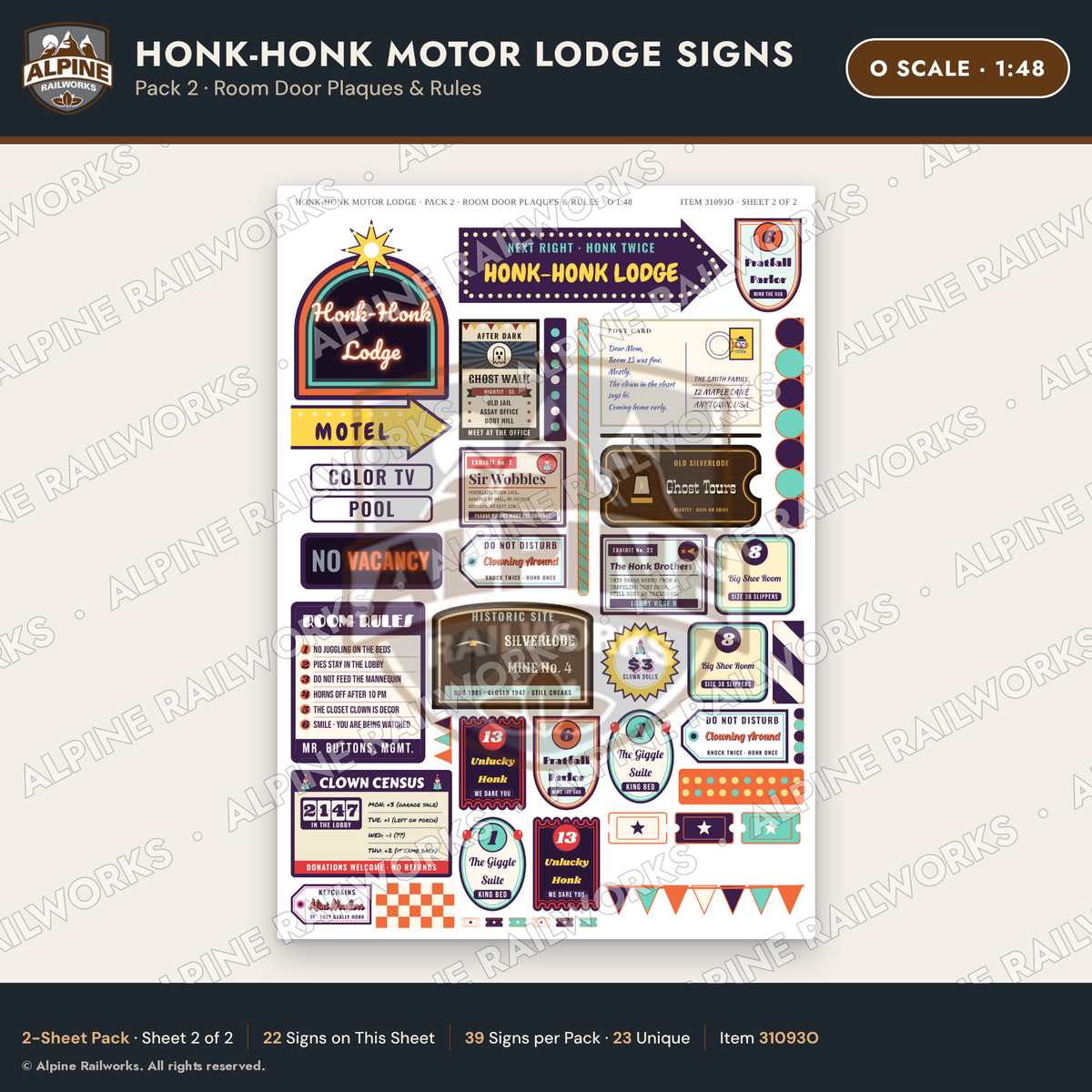 Alpine Railworks 31093O O Scale Roadside Signs - Clown Motel