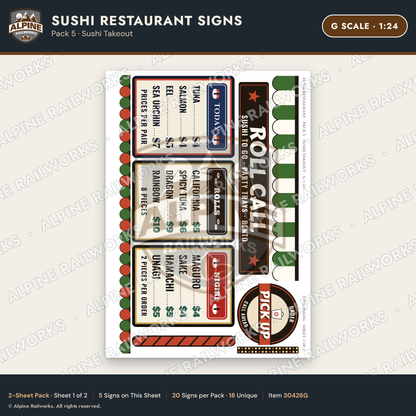 Alpine Railworks 30426G G Scale Sushi Restaurant Signs - Sushi Takeout