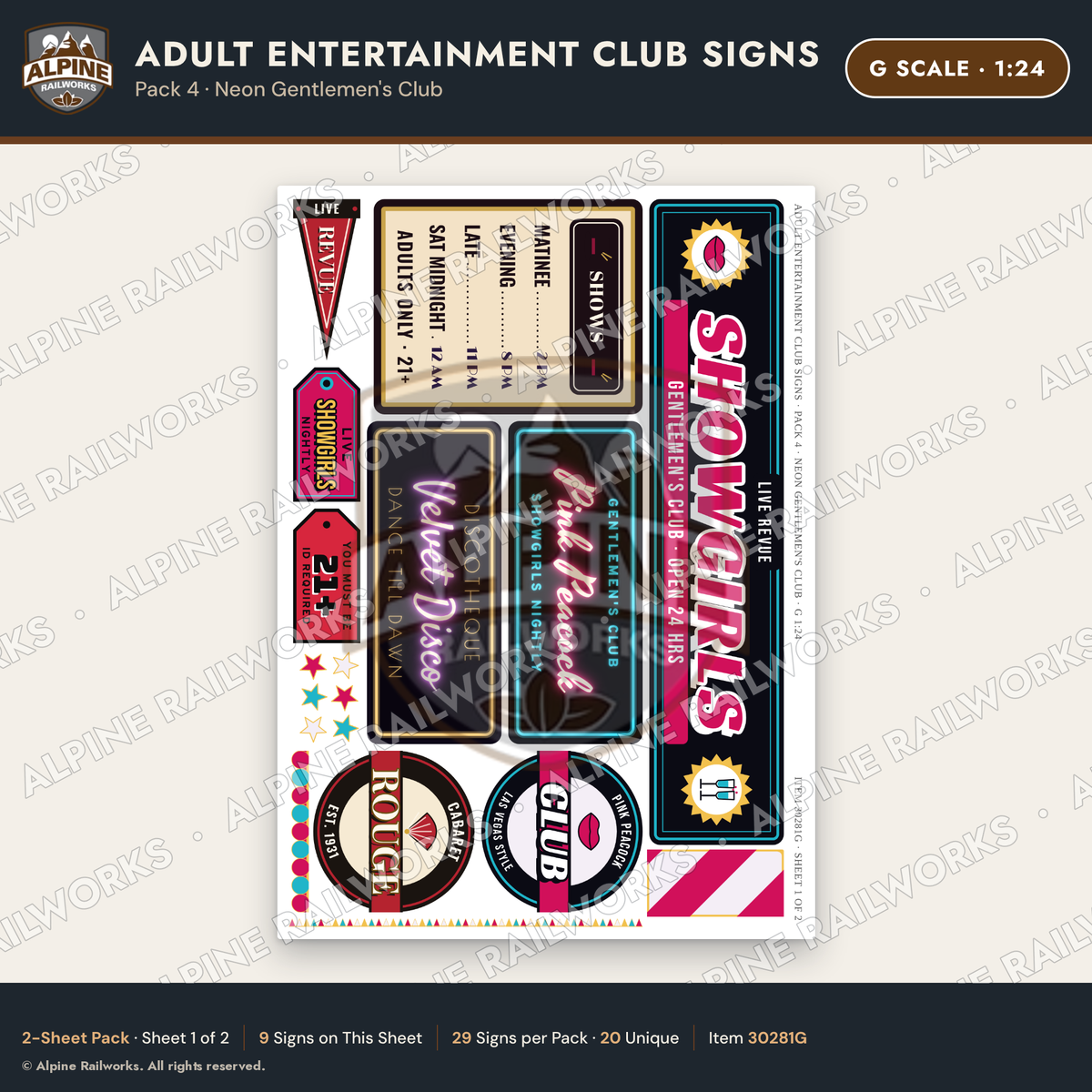 Alpine Railworks 30281G G Scale Adult Entertainment Club Signs