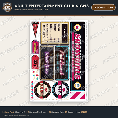 Alpine Railworks 30281G G Scale Adult Entertainment Club Signs