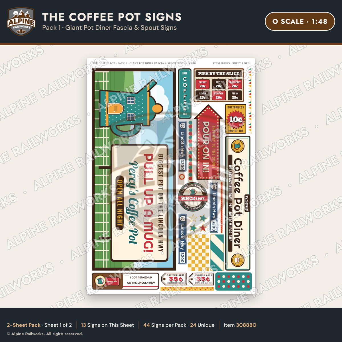 Alpine Railworks 30888O O Scale Roadside Signs - Coffee Pot Diner