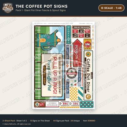 Alpine Railworks 30888O O Scale Roadside Signs - Coffee Pot Diner