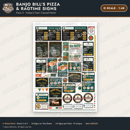 Alpine Railworks 30652O O Scale Restaurant Signs - Pizza & Music Hall