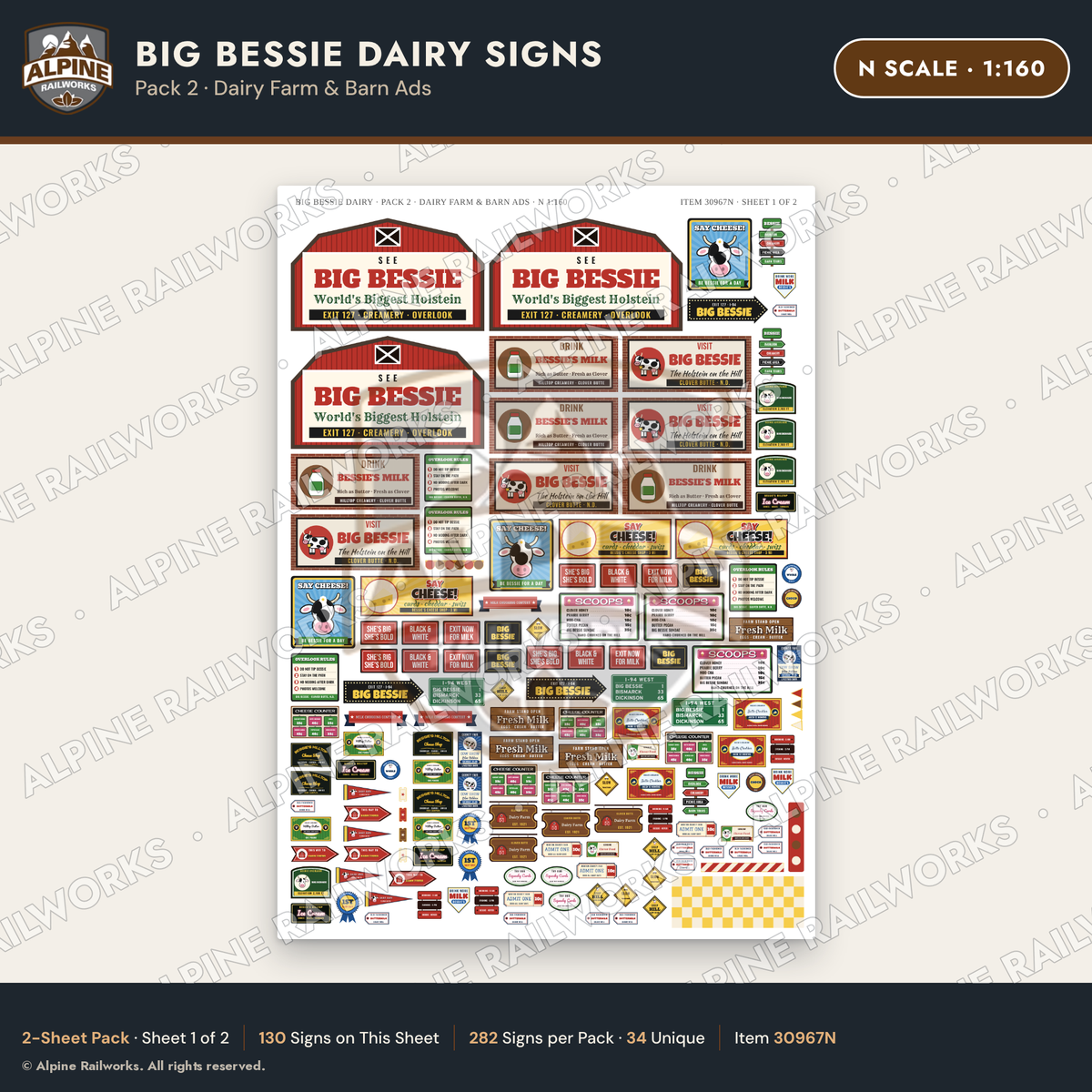 Alpine Railworks 30967N N Scale Roadside Signs - Giant Cow Dairy