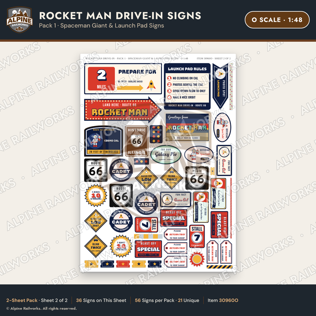 Alpine Railworks 30960O O Scale Roadside Signs - Spaceman Drive-In