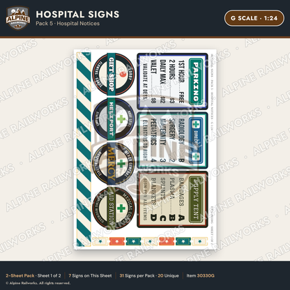 Alpine Railworks 30330G G Scale Hospital Signs - Hospital Notices