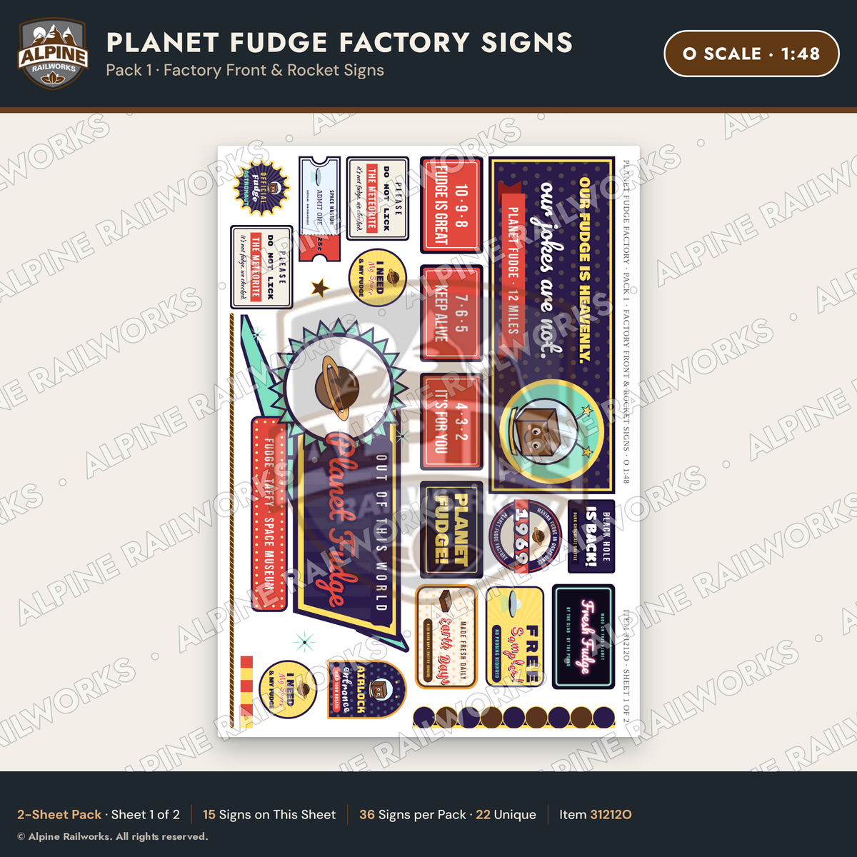 Alpine Railworks 31212O O Scale Fudge Factory Signs - Factory Front