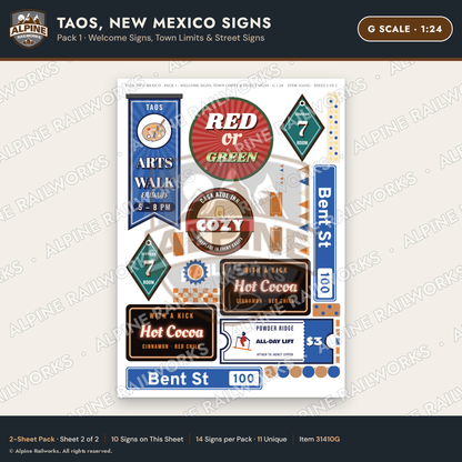 Alpine Railworks 31410G G Scale Taos NM Signs - Welcome & Street Signs