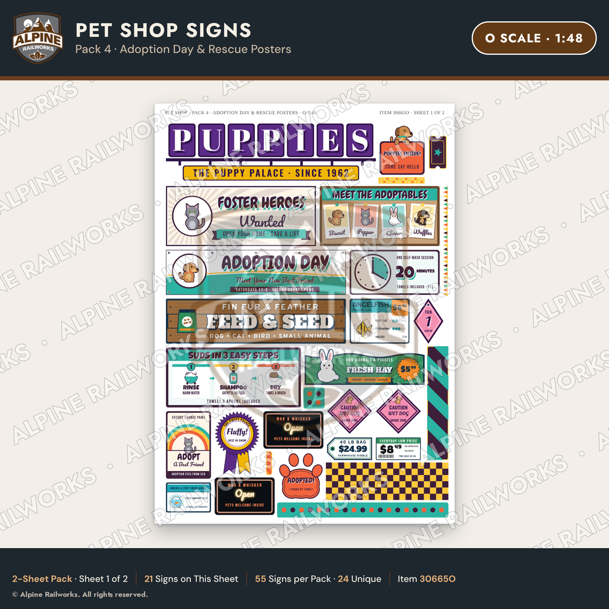 Alpine Railworks 30665O O Scale Pet Shop Signs - Adoption Day
