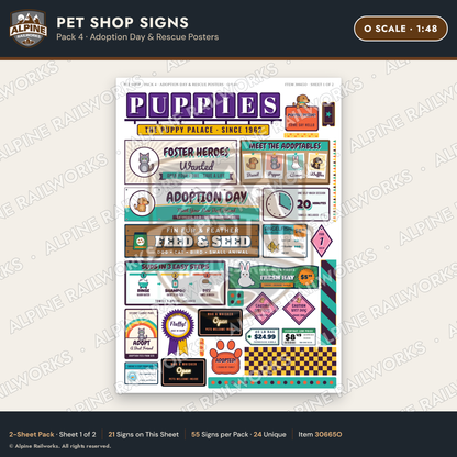 Alpine Railworks 30665O O Scale Pet Shop Signs - Adoption Day