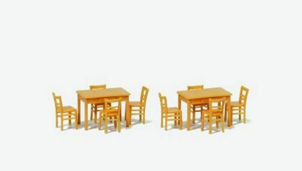 Preiser 17218 HO Scale Table & Chairs -- 2 Tables & 8 Chairs (natural wood)