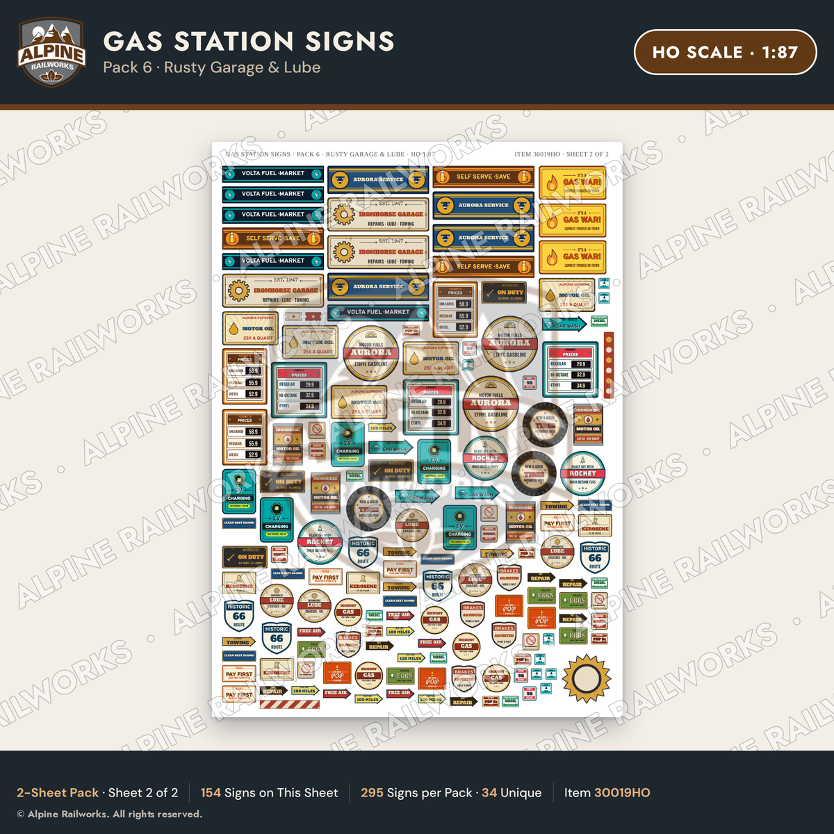 Alpine Railworks 30019HO HO Scale Gas Station Signs - Rusty Garage